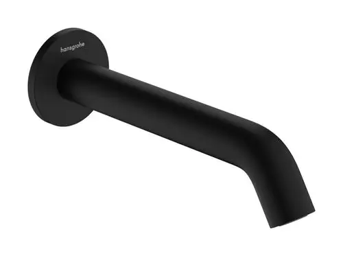 Schwarzer Wand-Wanneneinlauf von Hansgrohe mit geschwungenem Auslauf und runder Wandbefestigung.